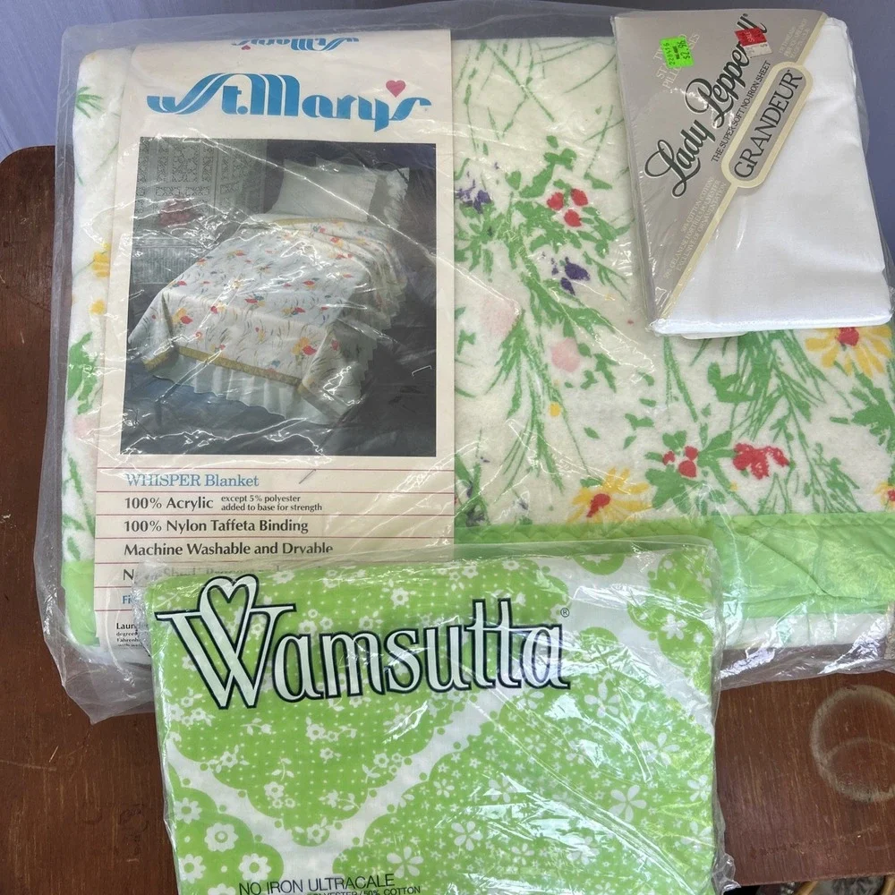 VTG Bedding Lot St Mary's Watercolor Whisper Blanket Wamsutta Sheet Pillowcases